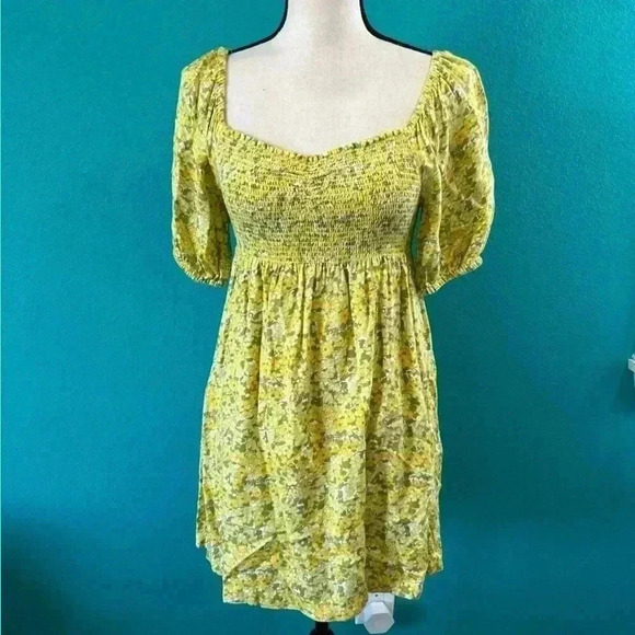 Volcom Wanna Have Fun Mini green and yellow floral smocked Dress - Picture 2 of 8
